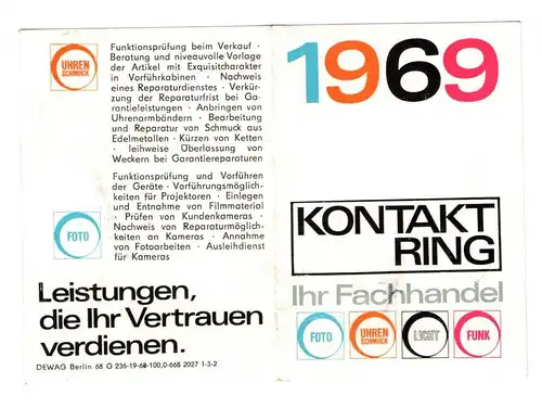 Werbe Taschenkalender 1969 Kontakt Ring Foto Uhren Schmuck Licht Funk DDR