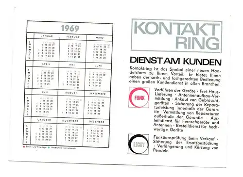 Werbe Taschenkalender 1969 Kontakt Ring Foto Uhren Schmuck Licht Funk DDR