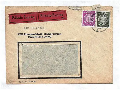 Eilbote Expres Brief VEB Pumpemfabrik Oschersleben Bode 1956