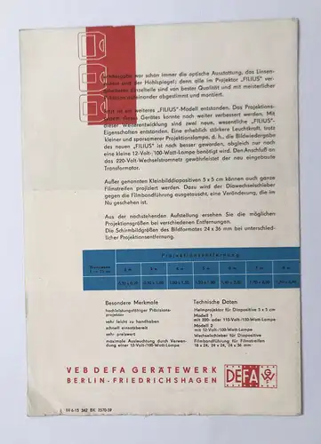 Heimprojektor Filius 1959 DDR Kamera Fotoapparat Prospekt VEB DEFA