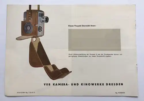 Kamera Prospekt PENTAKA 8 DDR 1959 VEB Kamera Kinowerke Dresden