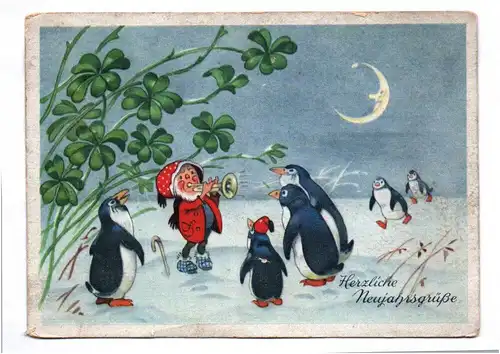 Ak Fritz Baumgarten Zwerg mit Pinguinen Neujahr Gruss 1950