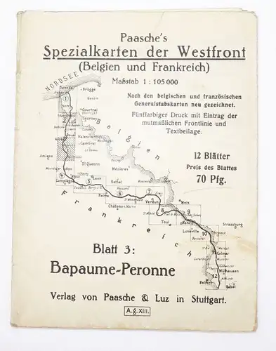 Landkarte Militär Paasche Spezialkarte der Westfront 1 Wk Bapaume Peronne