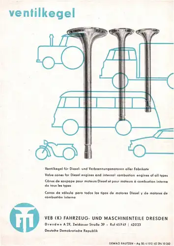 Werbe Blatt Ventilkegel VEB Fahrzeug und Maschinenteile Dresden 1962 kfz oldtime