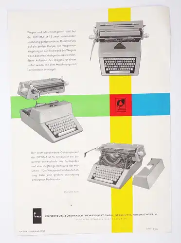 Prospekt Optima M14 Büro Schreibmaschine DDR 1962