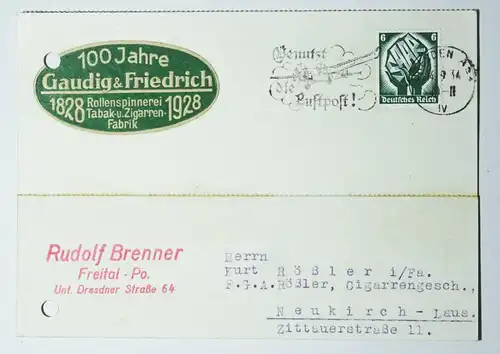 Werbe Postkarte Rudolf Brenner Freital Dresden 1934 Gaudig und Friedrich Tabak