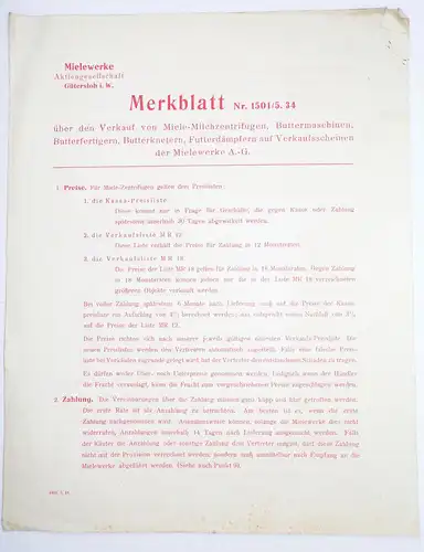Miele Merkblatt Milch Zentrifugen 1934 Reklame Werbung Sammler