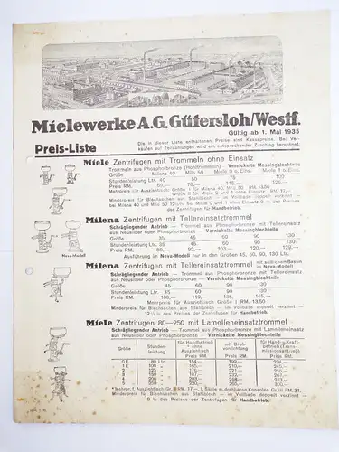Preisliste Miele Gütersloh Westfalen 1935 Zentrifuge Buttermaschine