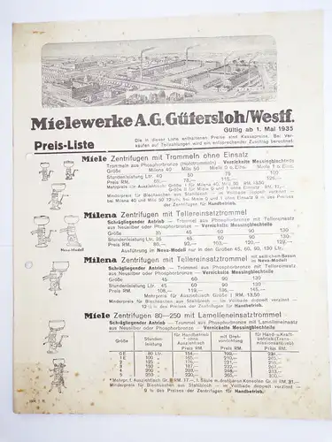 Preisliste Miele Gütersloh Westfalen 1935 Zentrifuge Buttermaschine 