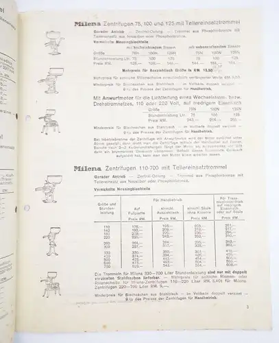 Preisliste Miele Gütersloh Westfalen 1935 Zentrifuge Buttermaschine