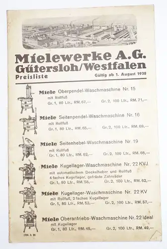 Miele Werke Gütersloh Preisliste 1938 Waschmaschine Prospekt