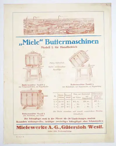 Miele Buttermaschine Reklameblatt 1930 Landwirtschaft Bauer Druck