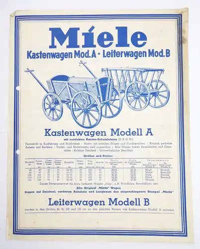 Miele Kastenwagen Leiterwagen Modell B 1935 Reklame Blatt