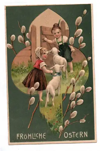 Präge Ak Weidenkätzchen Kinder Lämmer Fröhliche Ostern 1908