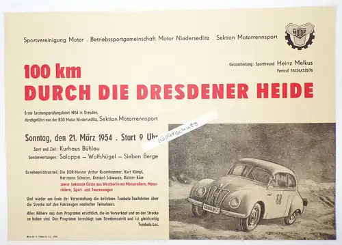 Plakat Motorsport F9 Heinz Melkus Motor Niedersedlitz 1954 DDR Aushang