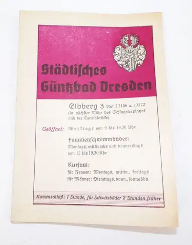 Preisliste Städtisches Güntzbad Dresden 1942