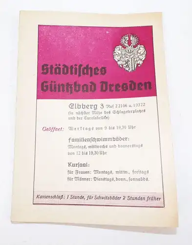 Preisliste Städtisches Güntzbad Dresden 1942 