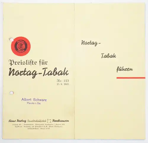 Preisliste Nortag Tabak Nordhausen 1935 Rauchtabak 