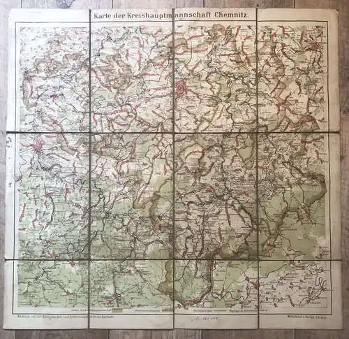 Alte Landkarte der Kreishauptmannschaft Chemnitz Orts Entfernungskarte