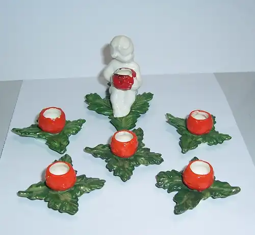 6 uralte Porzellan Weihnachts Kerzenhalter einer mit Engel Tischdeko vor 1945 !