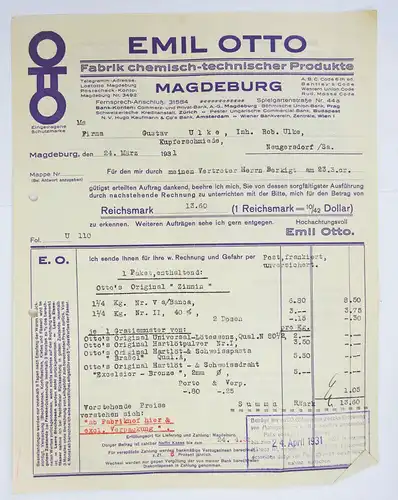 Rechnung Emil Otto Magdeburg chemisch technische Produkte 1931