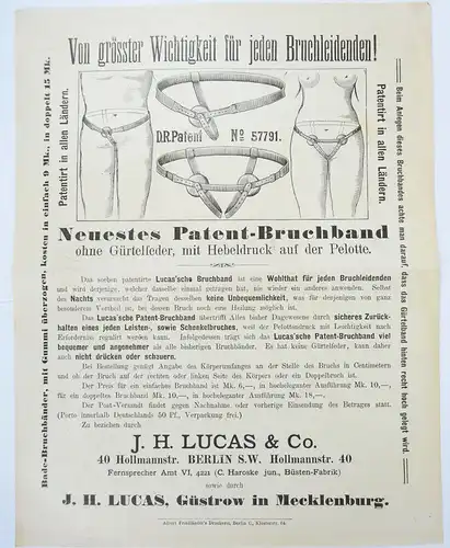 Reklame Blatt Bruch Gürtel Lucas Güstrow um 1910 Patent Bruchband