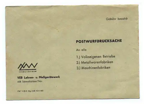 Postwurfdrucksache VEB Lehren Meßgerätewerk Schmalkalden Thüringen DDR
