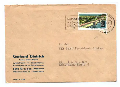 Brief Spezialfabrik für Bürstenhalter Dresden DDR