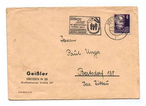 Brief DDR Volkseigene Versicherungs Anstalten Geißler Dresden