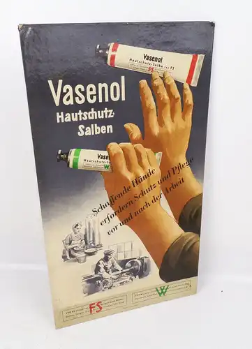 Alter DDR Pappaufsteller Vasenol Hautschutz Salbe 1954 Reklame Drogerie