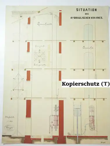 Technische Handzeichnung Situation des hydraulischen Krahnes Zeichnung 1879 !
