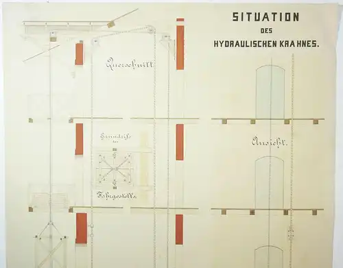 Technische Handzeichnung Situation des hydraulischen Krahnes Zeichnung 1879 !