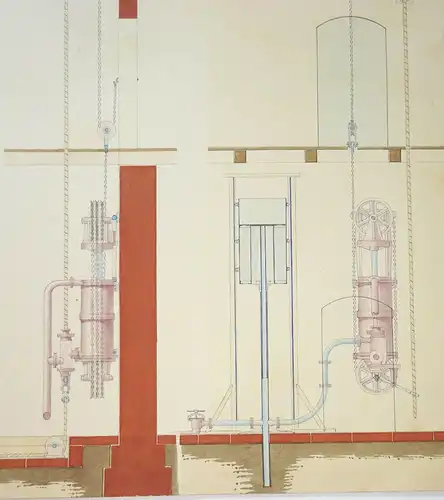 Technische Handzeichnung Situation des hydraulischen Krahnes Zeichnung 1879 !