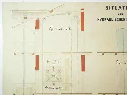 Technische Handzeichnung Situation des hydraulischen Krahnes Zeichnung 1879 !