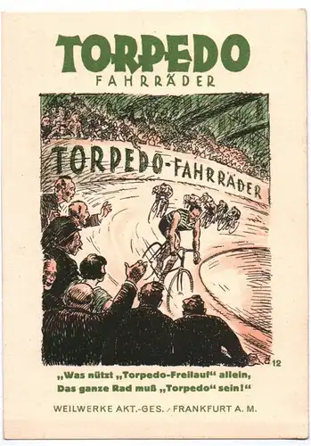Reklame Ak Torpedo Fahrräder Weilwerke Frankfurt Fahrrad bicycle 1926