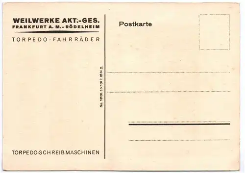 Reklame Ak Torpedo Fahrräder Weilwerke Frankfurt Fahrrad bicycle 1926