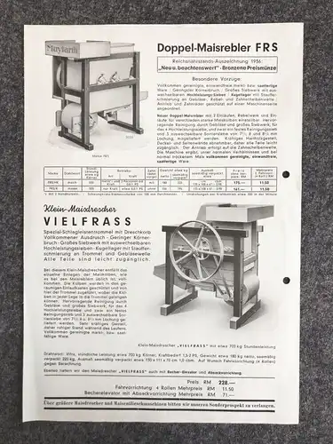 Mais Bearbeitungsmaschinen System Mayfarth alter Prospekt Maisrebler