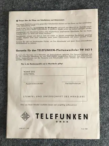 Alter Prospekt TW 562 S Stero Plattenwechsler Telefunken 1959