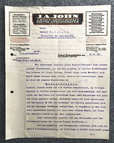 Prospekt 1921 J A John Aktien Gesellschaft Erfurt