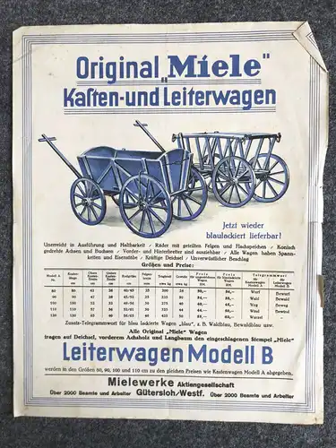 Broschüre Original Miele Kasten und Leiterwagen alter Prospekt