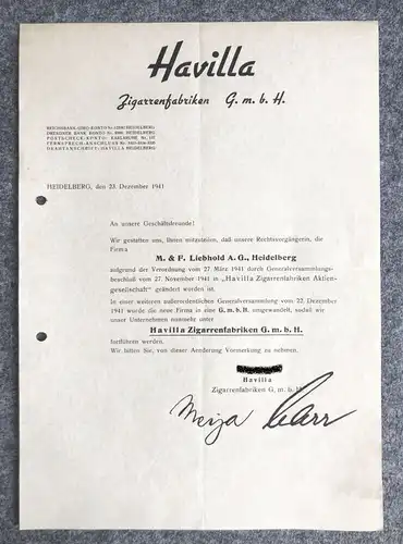 Mitteilung Namensänderung Havilla Zigarrenfabriken in Aktiengesellschaft 1941