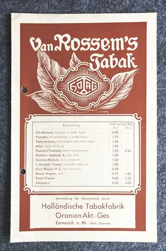 Van Rossems Tabak alte Preisliste Holländische Tabakfabrik Prospekt