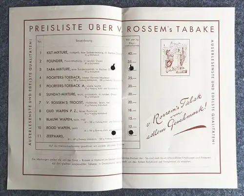 Van Rossems Tabak alte Preisliste Holländische Tabakfabrik Prospekt