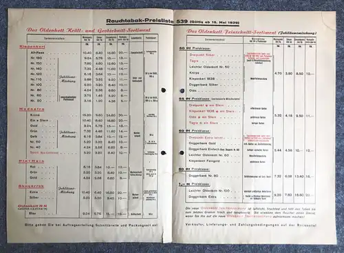 Oreha Tabakhandelsgesellschaft Kersten Co 1939 alte Preisliste