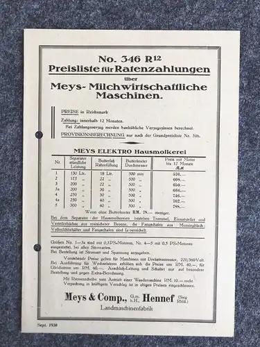 Alte Preisliste für Ratenzahlungen 1938 Meys Milchwirtschaftliche Maschinen