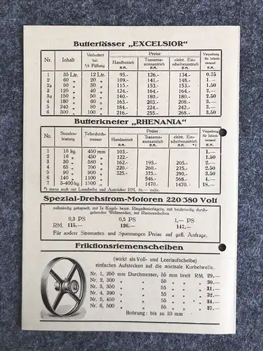 Alte Preisliste für Ratenzahlungen 1938 Meys Milchwirtschaftliche Maschinen