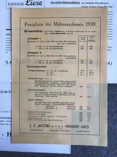 Alte Preislisten und Broschüren für Landmaschinen 1939 Konvolut