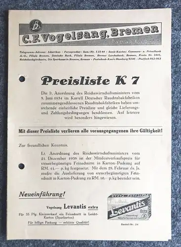 CF Vogelsang Bremen Preisliste K7 Tabakfabrik Prospekt 1939