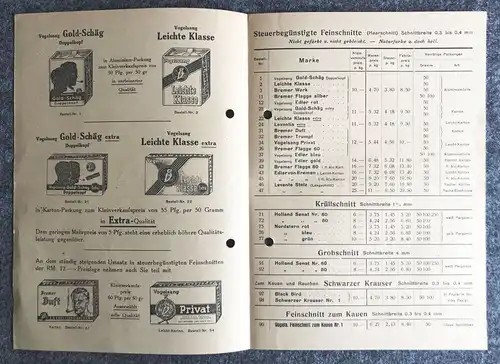 CF Vogelsang Bremen Preisliste K7 Tabakfabrik Prospekt 1939