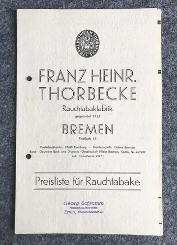 Prospekt Franz Heinrich Thorbecke Rauchtabakfabrik Preisliste